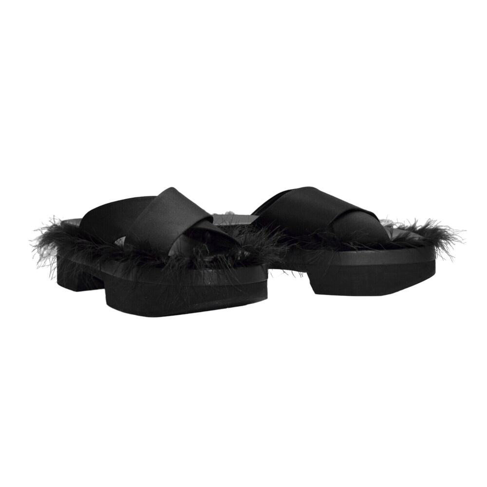 A6 Auth SIMONE ROCHA X H&M Black Feathered Criss Cross Satin Slide Sandals Sz 40